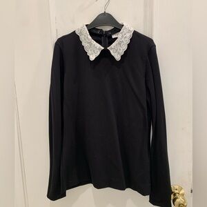 Sandro Paris black long sleeve top with lace collar. Size 1 (Small)